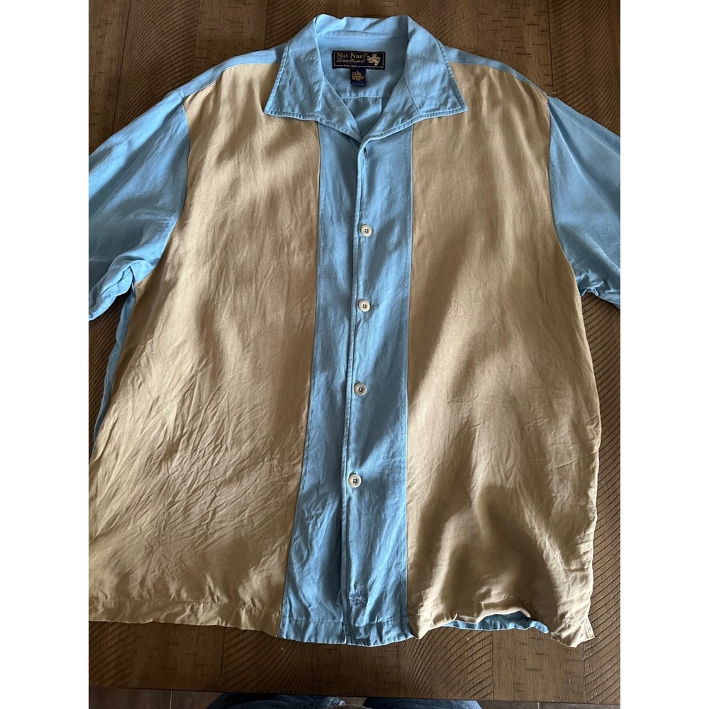 Nat Nast Luxury Originals 100% Silk Bowling Shirt Blue Tan Large Riviera Clay